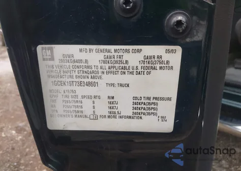 2003 Chevrolet Silverado 1500 Ls from USA, damaged, VIN 1GCEK19T73E348601